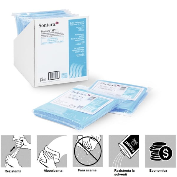Lavete impaturite 1/4 Sontara SPS Final Tack Cloth, impregnare usoara, curata suprafata de praf si impuritati intre straturile de vopsire, stergeri critice, fara scame, 38 x 43 cm, albastra, 12 lavete/pach, 15 pach/bax, D13625948