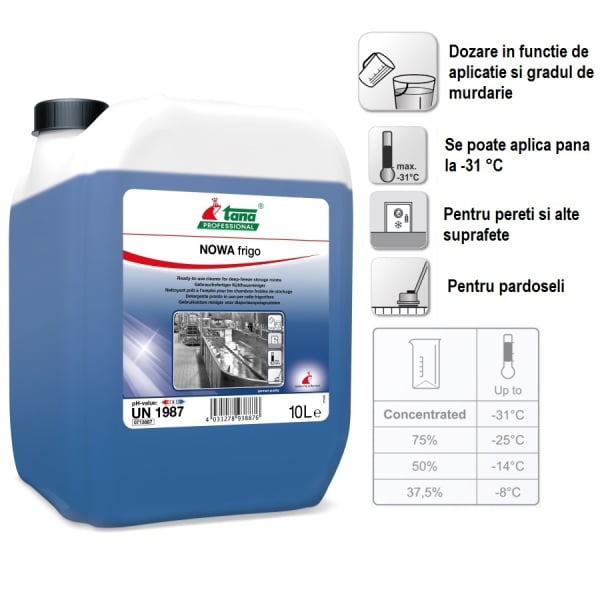 Detergent pentru curatarea camerelor frigorifice sau reci, NOWA FRIGO, 10L, aplicabil pana la -31 °C, fara a fi nevoie de decongelare, oprirea utilajelor sau golirea camerei