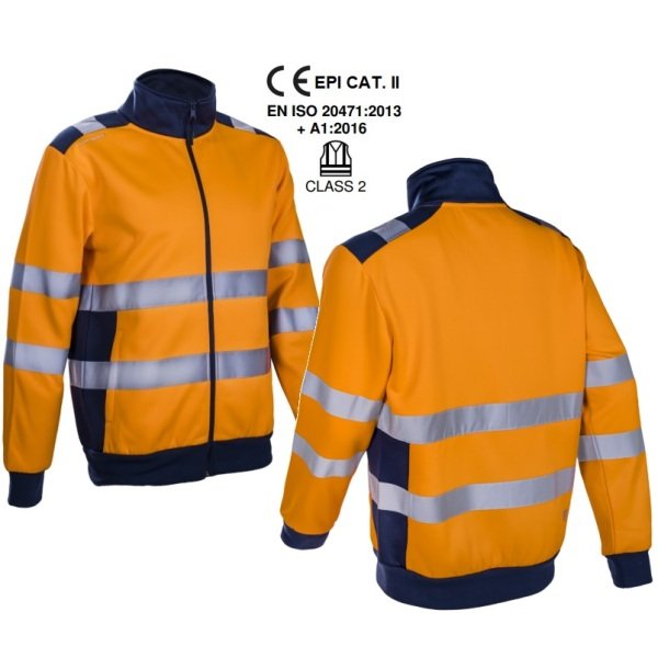 Jacheta termica Hi-Viz Gokkan, portocaliu HV-albastru inchis, fleece 300 gr/m², 75% poliester, 25% bumbac, benzi reflectorizante 5cm, calduroasa, confortabila