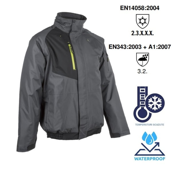 Jacheta de iarna impermeabila, captusita, Goma, gri, Ripstop, pentru conditii cu temperaturi scazute, ploaie sau vant, cusaturi sudate, Coverguard