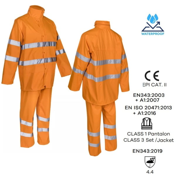 Costum impermeabil, Hi-Viz, pentru ploaie si vant, Kawa, portocaliu HV, compus din jacheta si pantaloni talie, benzi reflectorizante orificii de ventilatie, Coverguard