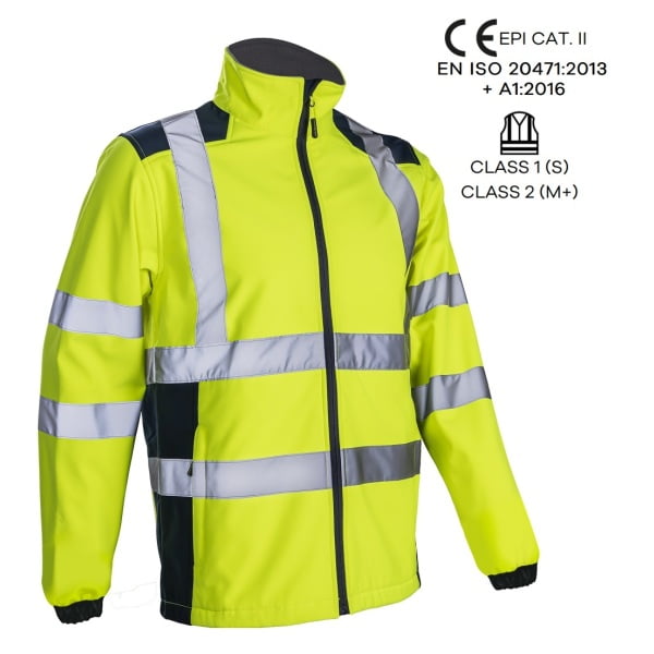 Jacheta impermeabila HI-Viz, de ploaie si vant, Kanpa, galben HV-albastru, Softshell in 3 straturi, benzi reflectorizante, impermeabilitate 8000 mm, respirabilitate 3000 g/m²/24h