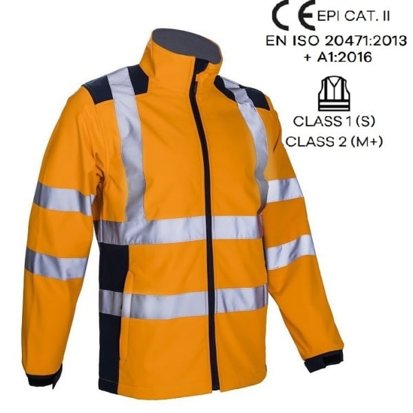 Jacheta impermeabila HI-Viz, de ploaie si vant, Kanpa, portocaliu HV-albastru, Softshell in 3 straturi, benzi reflectorizante, impermeabilitate 8000 mm, respirabilitate 3000 g/m²/24h
