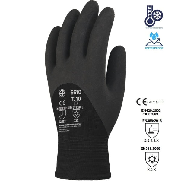 Manusi de protectie pentru iarna, EUROWINTER Thermolite 6610, negre, imersate 3/4 in spuma de latex, impermeabile, aderente, captusite, forma anatomica, pentru mediu umed/uscat, marime 10