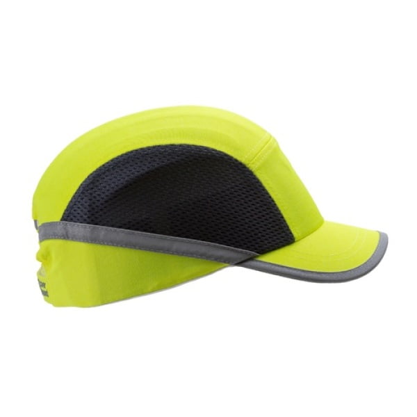Sapca anti-soc, galben HI-Viz, tip baseball, protectie impotriva impactului lateral, din ABS, perna din spuma EVA, ventilatie laterala, cozoroc mediu - 5cm, elemente reflectorizante