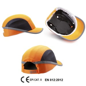 Sapca anti-soc, portocaliu HI-Viz, tip baseball, protectie impotriva impactului lateral, din ABS, perna din spuma EVA, ventilatie laterala, cozoroc mediu - 5cm, elemente reflectorizante