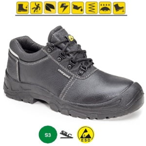 Pantofi de protectie S3, SRC, ESD, AZURITE II, din piele integrala neagra, impermeabila, bombeu metalic, talpa rezistenta la alunecare din PU, banda reflectorizanta, Coverguard