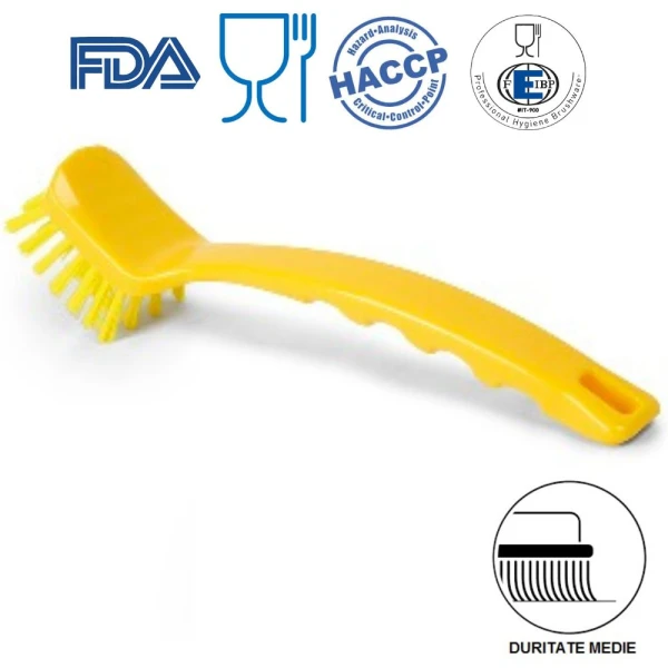 Perie de mana cu maner lung, IGEAX 1004 duritate medie, galbena, rezistenta la 121°C, pentru vesela, colturi sau spatii mici, autoclavare, pentru industria alimentara, certificare HACCP, FDA
