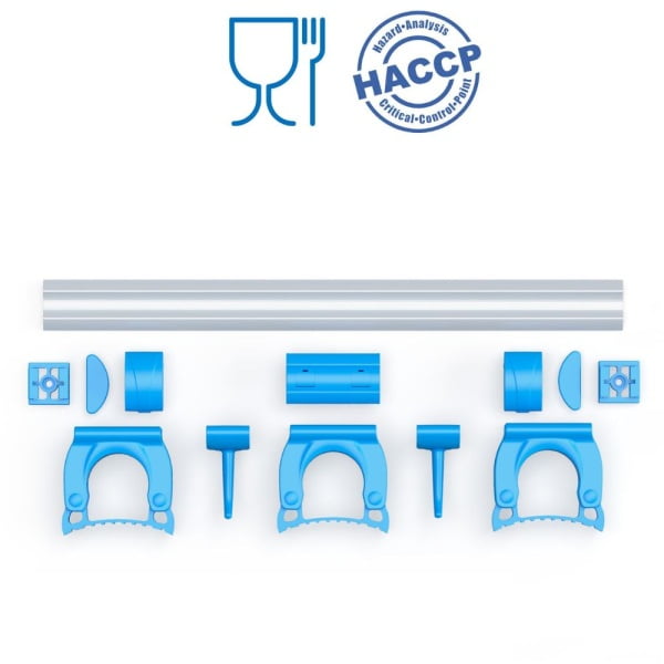 Suport ustensile cu prindere de perete, Igeax 1084, cu 3 suporturi pentru manere si 2 carlige, 50 cm, verde, certificat Food Contact, conform HACCP
