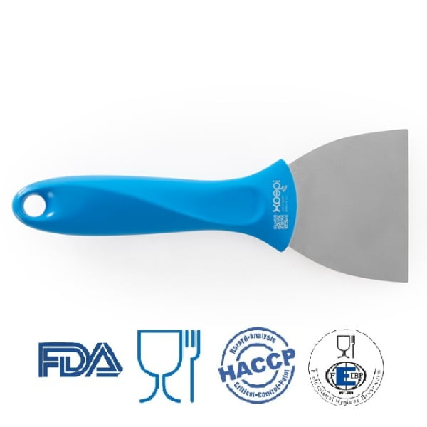 Scraper / Racleta cu lama din otel inoxidabil,  75 mm, cu maner albastru din plastic, rezistent pana la 121° C, pentru industria alimentara, certificata HACCP, FDA