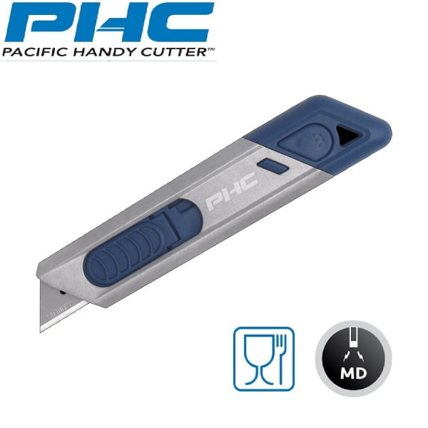 Cutter detectabil cu lama din otel-carbon, autoretractabila, Metti MD auto-retract safety knife, subtire, cu 2 optiuni de blocare a lamei, pentru industria alimentara, farma