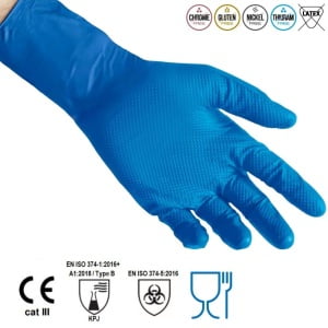 Manusi de nitril extra-lungi, 29cm, nepudrate, de unica folosinta, albastre, texturate pe palma, aderente, 0.15-0.20mm grosime, Reflexx N65P, certificate pentru industria alimentara, 50 buc/cutie