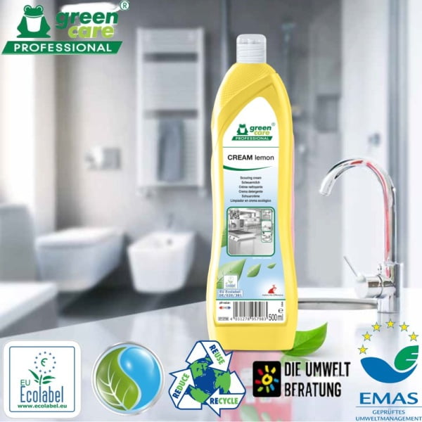 Pasta ecologica de curatare, CREAM Lemon, Grean Care, 500ml, pentru murdaria dificila de pe suprafete ceramice, emailate sau inox, din bucatarie sau toalete, certificat Ecolabel