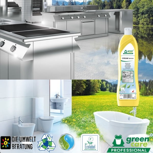 Pasta ecologica de curatare, CREAM Lemon, Grean Care, 500ml, pentru murdaria dificila de pe suprafete ceramice, emailate sau inox, din bucatarie sau toalete, certificat Ecolabel