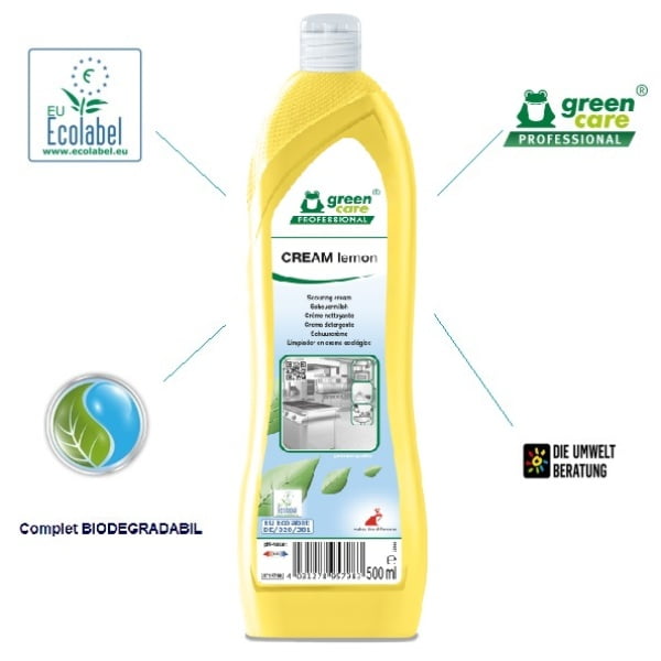 Pasta ecologica de curatare, CREAM Lemon, Grean Care, 500ml, pentru murdaria dificila de pe suprafete ceramice, emailate sau inox, din bucatarie sau toalete, certificat Ecolabel
