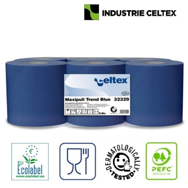 Rola prosop hartie cu derulare centrala Celtex Maxipull Trend Blue, 32329, albastru, 2 straturi, 108m, 450 portii/rola, 6 role/bax, certificata pentru industria alimentara, Ecolabel