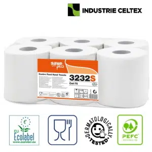 Rola prosop hartie derulare centrala Celtex SavePlus 3232S, alb, 2straturi, 108m, 450 portii/rola, 6 role/bax, certificata pentru industria alimentara, Ecolabel