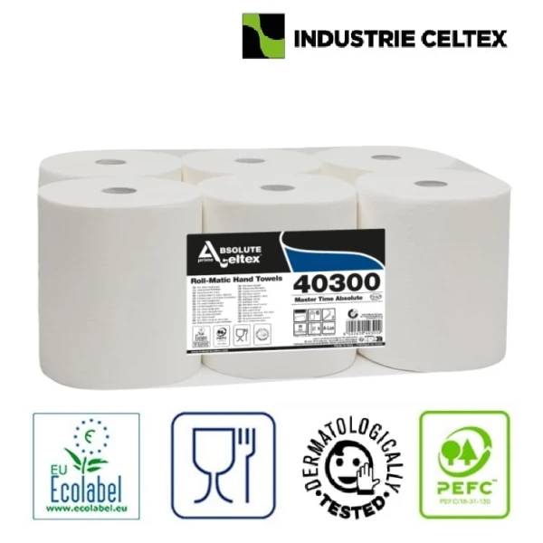 CE40300-Rola prosop hartie autocut Celtex Master Time 40300, alb, 285m, 2 str, certificat Ecolabel, dispensere CE92680, CE95420-1 Rola prosop hartie autocut Celtex Master Time 40300, alb, 285m, 2 str, 6 role/bax, certificat Ecolabel, pentru dispensere CE92680, CE95420