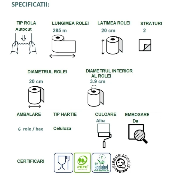 Rola prosop hartie autocut Celtex Master Time 40300, alb, 285m, 2 str, 6 role/bax, certificat Ecolabel, pentru dispensere CE92680, CE95420