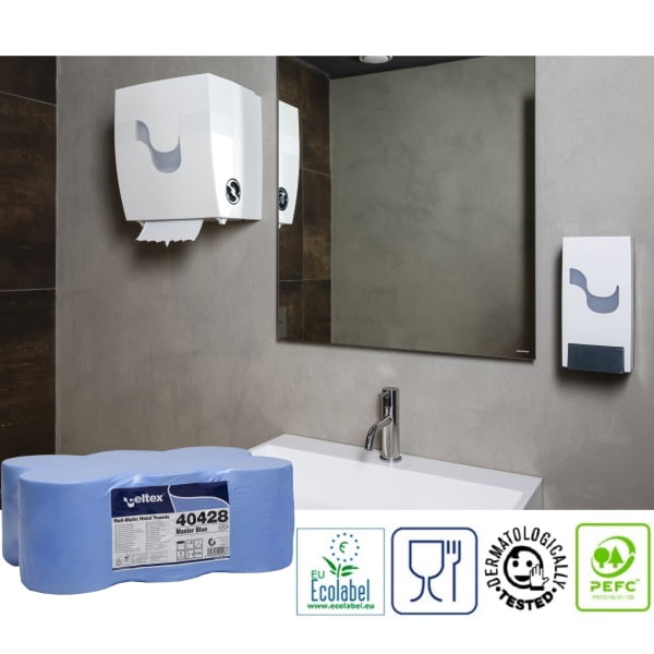 Rola prosop hartie autocut Celtex Master, albastra, 100m, 2 straturi, 6 role/bax, certificat Ecolabel, Food Contact, pentru dispensere CE92680, CE95420