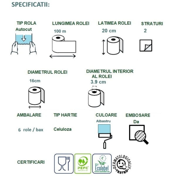 Rola prosop hartie autocut Celtex Master, albastra, 100m, 2 straturi, 6 role/bax, certificat Ecolabel, Food Contact, pentru dispensere CE92680, CE95420