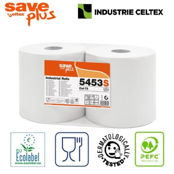 Rola lavete hartie industriala Celtex SavePlus 5453, alba, 2 straturi, celuloza 75%, 1000 portii, 280metri, portie 24x28cm, 2role / bax, certificata pentru industria alimentara, Ecolabel