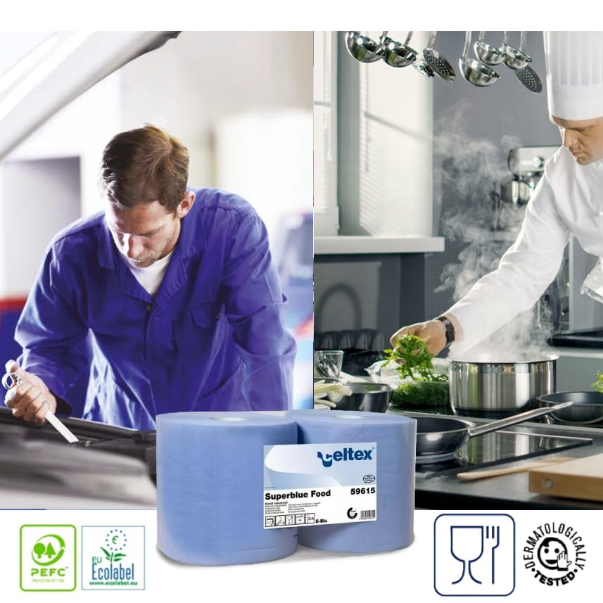 Rola hartie industriala Celtex Superblue 59615, 3 straturi, super rezistenta si absorbanta, albastra, 150ml, 500 portii/rola, 26,5x30cm, 2 role/set, certificata pentru industria alimentara, Ecolabel