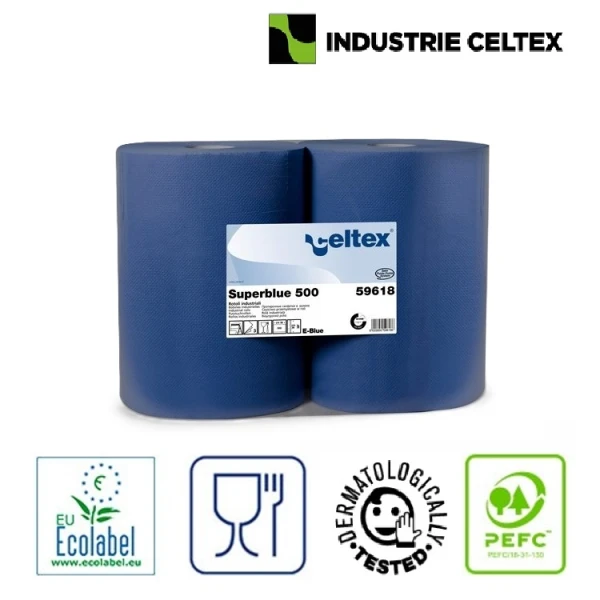 Rola hartie industriala Celtex Superblue 59618, 3 straturi, dim. laveta 36 x 36 cm, 180 metri, 500 lavete/rola, 2 role/bax, pentru uz industrial si spalatorii auto.