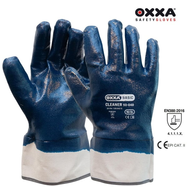 Manusi de protectie OXXA Cleaner 50-040, din bumbac interlock, cu imersie completa in nitril, manseta dreapta, deschisa, pentru mediu umed, uleios, uscat