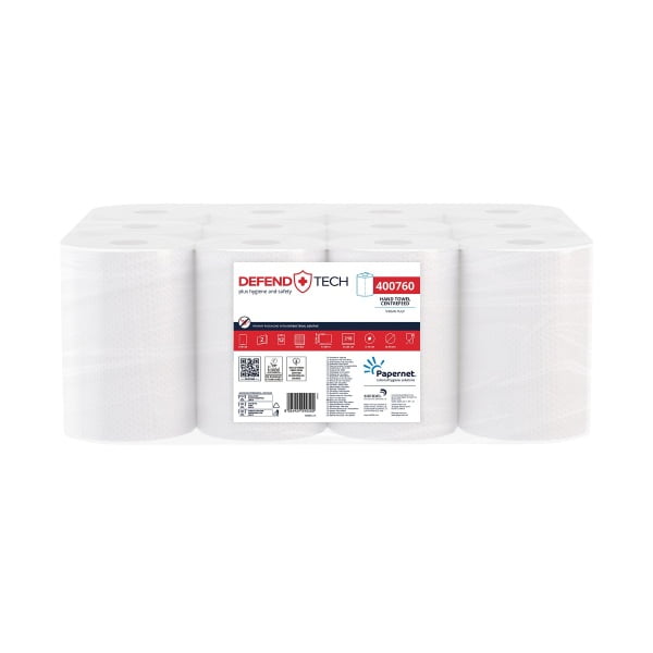 Rola hartie cu derulare centrala, Defend Tech, Papernet 400760, alba, 2 straturi, celuloza, 77 m, 218 portii/rola, 12 role/bax, certificata pentru industria alimentara Food Contact, EcoLabel