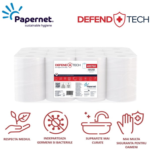 Rola hartie cu derulare centrala, Defend Tech, Papernet 400760, alba, 2 straturi, celuloza, 77 m, 218 portii/rola, 12 role/bax, certificata pentru industria alimentara Food Contact, EcoLabel
