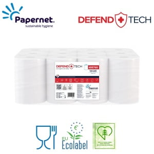 Rola hartie cu derulare centrala, Defend Tech, Papernet 400760, alba, 2 straturi, celuloza, 77 m, 218 portii/rola, 12 role/bax, certificata pentru industria alimentara Food Contact, EcoLabel