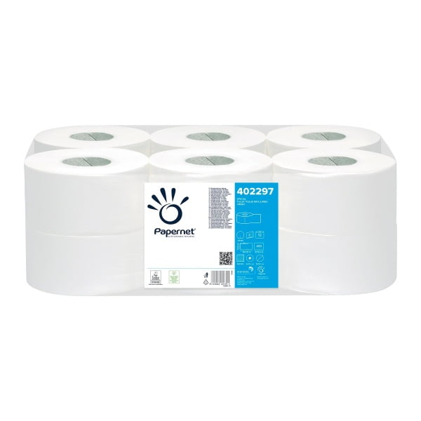 Hartie igienica mini jumbo Papernet 402297, alba, 2straturi, celuloza, 140 m, 459 portii, 12 role/bax, certificata Ecolabel