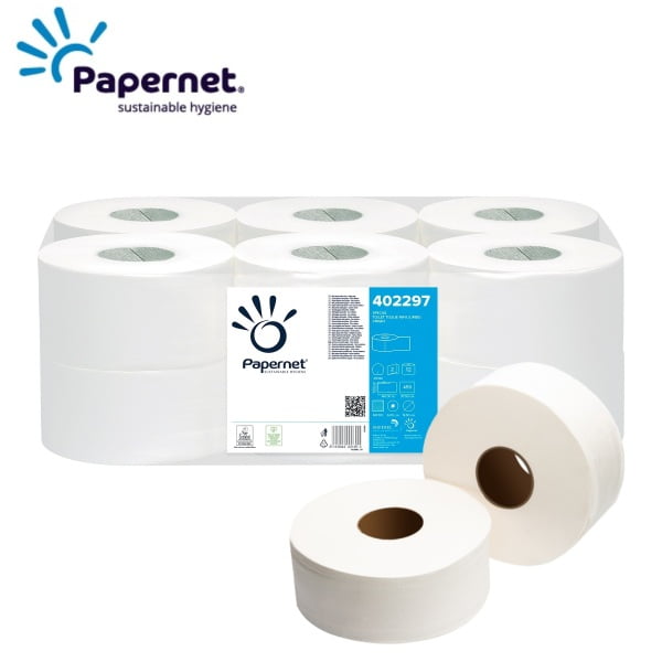 Hartie igienica mini jumbo Papernet 402297, alba, 2straturi, celuloza, 140 m, 459 portii, 12 role/bax, certificata Ecolabel