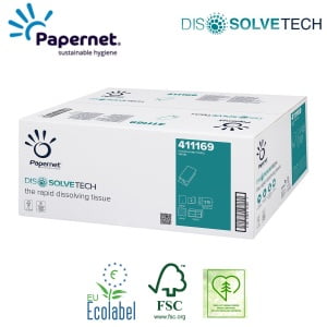 Prosoape de hartie pliate V, Dissolve Tech, Papernet 411169, albe, 21x22cm, 2 straturi, certificate Ecolabel, FSC, 210 buc / pachet, 15 pachete / bax