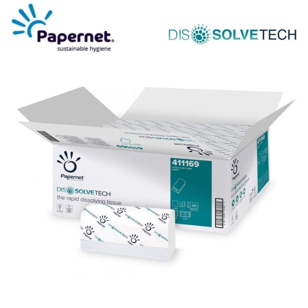 Prosoape de hartie pliate V, Dissolve Tech, Papernet 411169, albe, 21x22cm, 2 straturi, certificate Ecolabel, FSC, 210 servetele / pachet, 15 pachete / bax