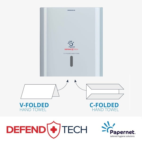 Dispenser Antibacterial DEFEND TECH, Papernet 416143, alb, pentru prosoape de hartie pliate C/V, dimensiuni 33.6 x 14.5 x 30 cm
