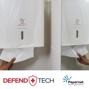 Dispenser Antibacterial DEFEND TECH, Papernet 416143, alb, pentru prosoape de hartie pliate C/V, dimensiuni 33.6 x 14.5 x 30 cm