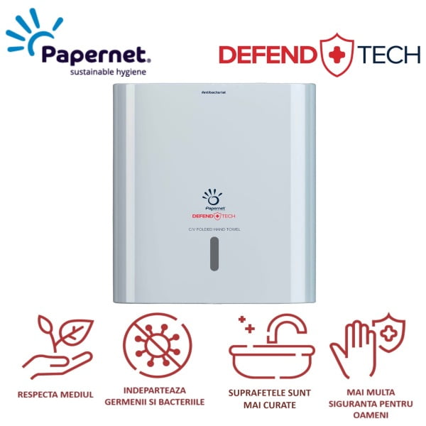 Dispenser Antibacterial DEFEND TECH, Papernet 416143, alb, pentru prosoape de hartie pliate C/V, dimensiuni 33.6 x 14.5 x 30 cm