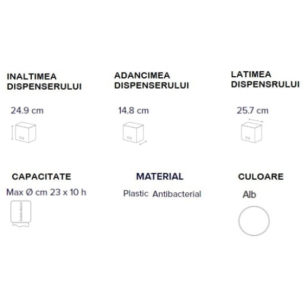 Dispenser Antibacterial DEFEND TECH, Papernet 416145, alb, pentru hartie igienica jumbo, dimensiuni 24.9 x 14.8 x 25.7 cm
