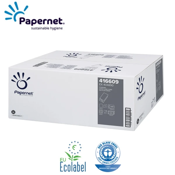 Prosoape de hartie pliate V, Papernet 416609, verzi, 23x24.5cm, 1 strat, hartie reciclata, certificate Ecolabel, Blue Angel, 250 servetele / pachet, 20 pachete / bax