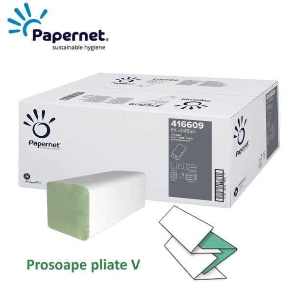 Prosoape de hartie pliate V, Papernet 416609, verzi, 23x24.5cm, 1 strat, hartie reciclata, certificate Ecolabel, Blue Angel, 250 servetele / pachet, 20 pachete / bax