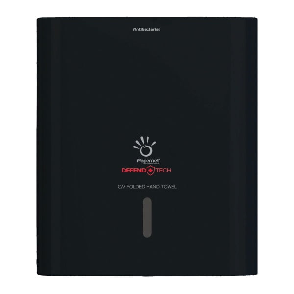 Dispenser Antibacterial  prosoape hartie pliate DEFEND TECH, Papernet 417204, negru, pentru prosoape de hartie pliate C/V, dimensiuni 33.6 x 14.5 x 30 cm