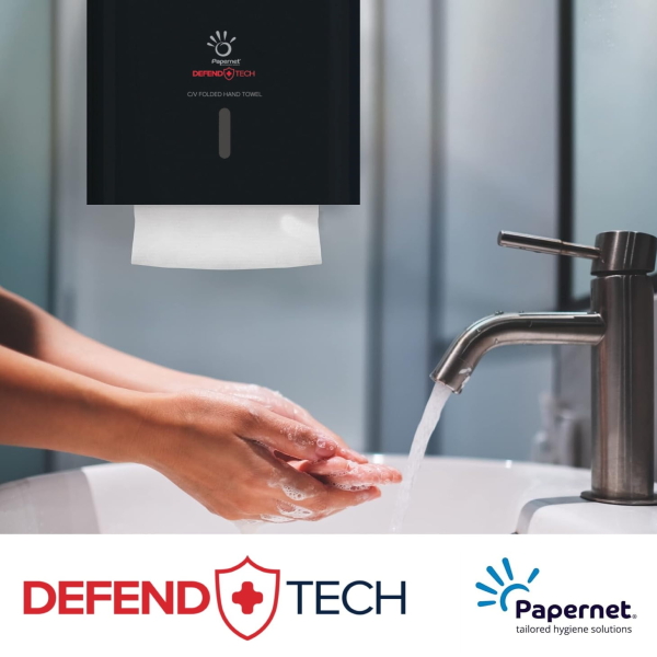 Dispenser Antibacterial  prosoape hartie pliate DEFEND TECH, Papernet 417204, negru, pentru prosoape de hartie pliate C/V, dimensiuni 33.6 x 14.5 x 30 cm