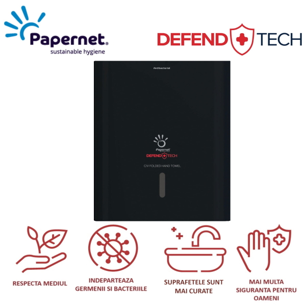 Dispenser Antibacterial  prosoape hartie pliate DEFEND TECH, Papernet 417204, negru, pentru prosoape de hartie pliate C/V, dimensiuni 33.6 x 14.5 x 30 cm