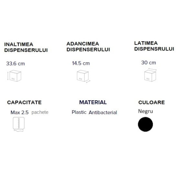Dispenser Antibacterial  prosoape hartie pliate DEFEND TECH, Papernet 417204, negru, pentru prosoape de hartie pliate C/V, dimensiuni 33.6 x 14.5 x 30 cm