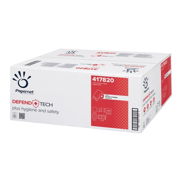 Prosoape de hartie pliate V, Defend Tech, Papernet 417820, albe, 21x22cm, 2 straturi, 210 servetele / pachet, 15 pachete / bax