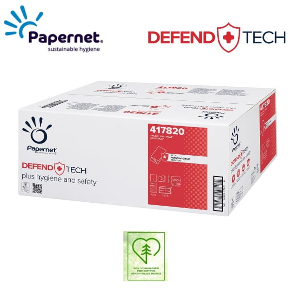 Prosoape de hartie pliate V, Defend Tech, Papernet 417820, albe, 21x22cm, 2 straturi, 210 servetele / pachet, 15 pachete / bax