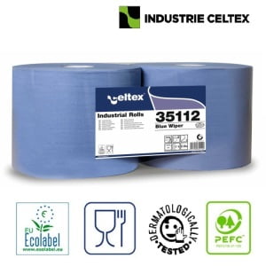 Laveta hartie industriala Celtex 35112, 2 straturi, albastra 290 m, 970 portii/rola, 2 role/set, certificata pentru industria alimentara, Ecolabel