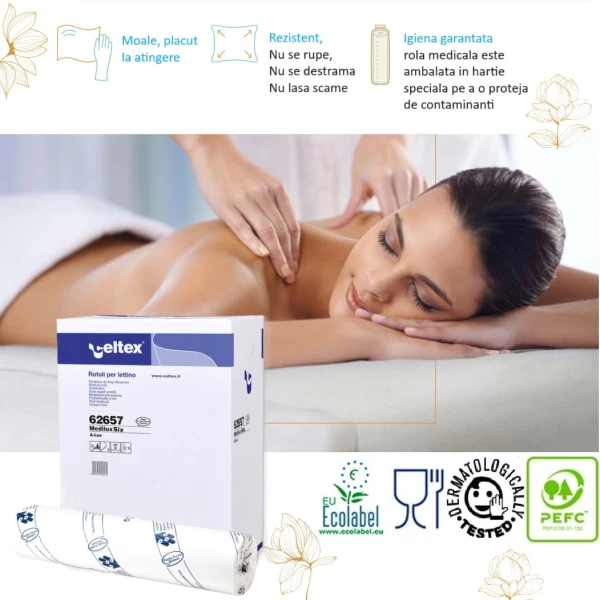 Rola medicala Medilux, cearsaf de hartie alb, 100% celuloza, 2 straturi, 59.5c x 38 cm, 50ml, 9 role/bax, Celtex 62657